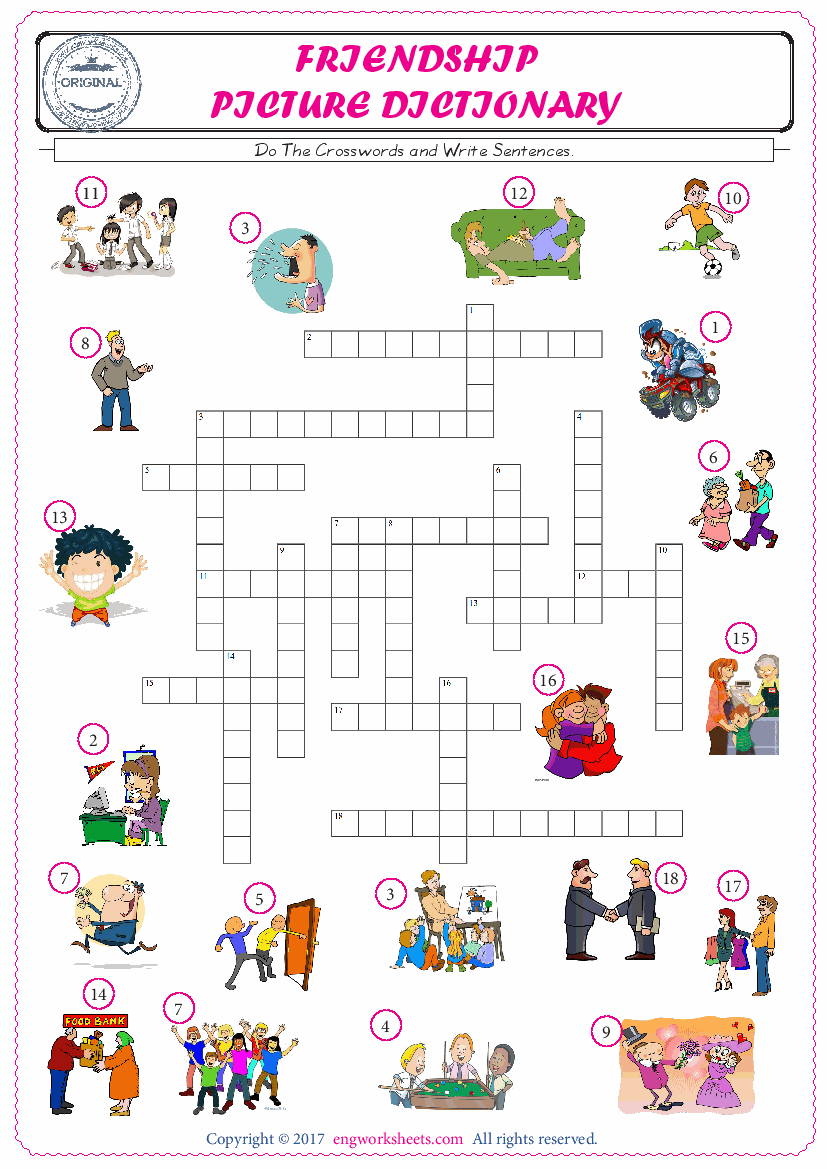  ESL printable worksheet for kids, supply the missing words of the crossword by using the Friendship picture. 